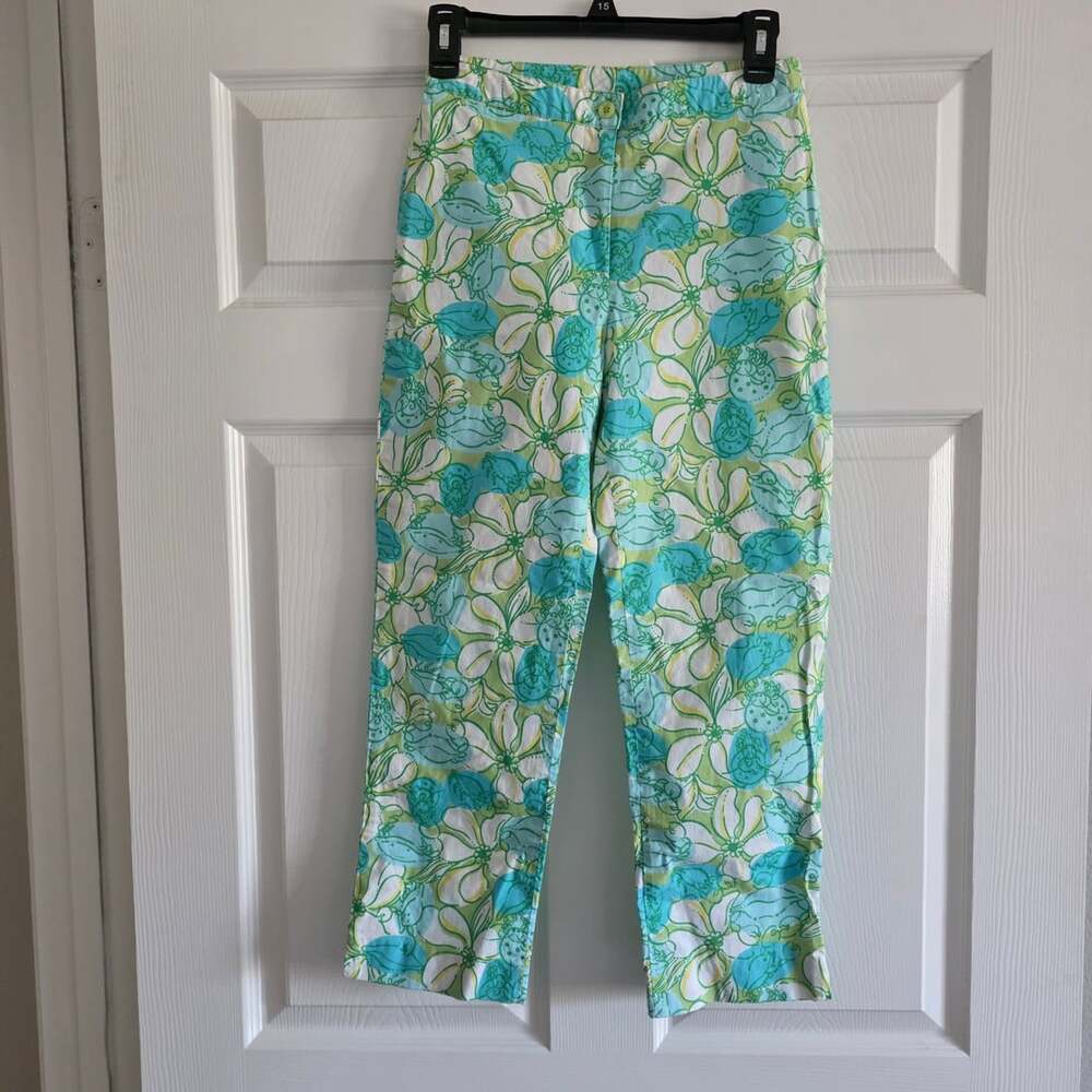 VTG Lilly Pulitzer Guava Green Crab Cake Capri Pants Size 0 Novelty Print Y2K